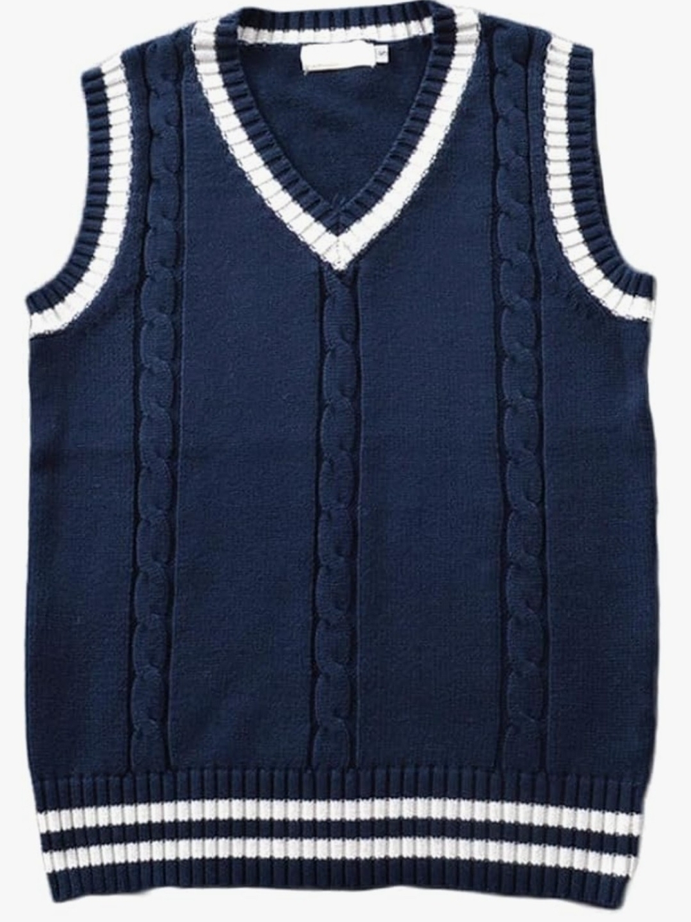 NWOT Men's Navy Cable Knit V-Neck Sweater Vest with White Trim.